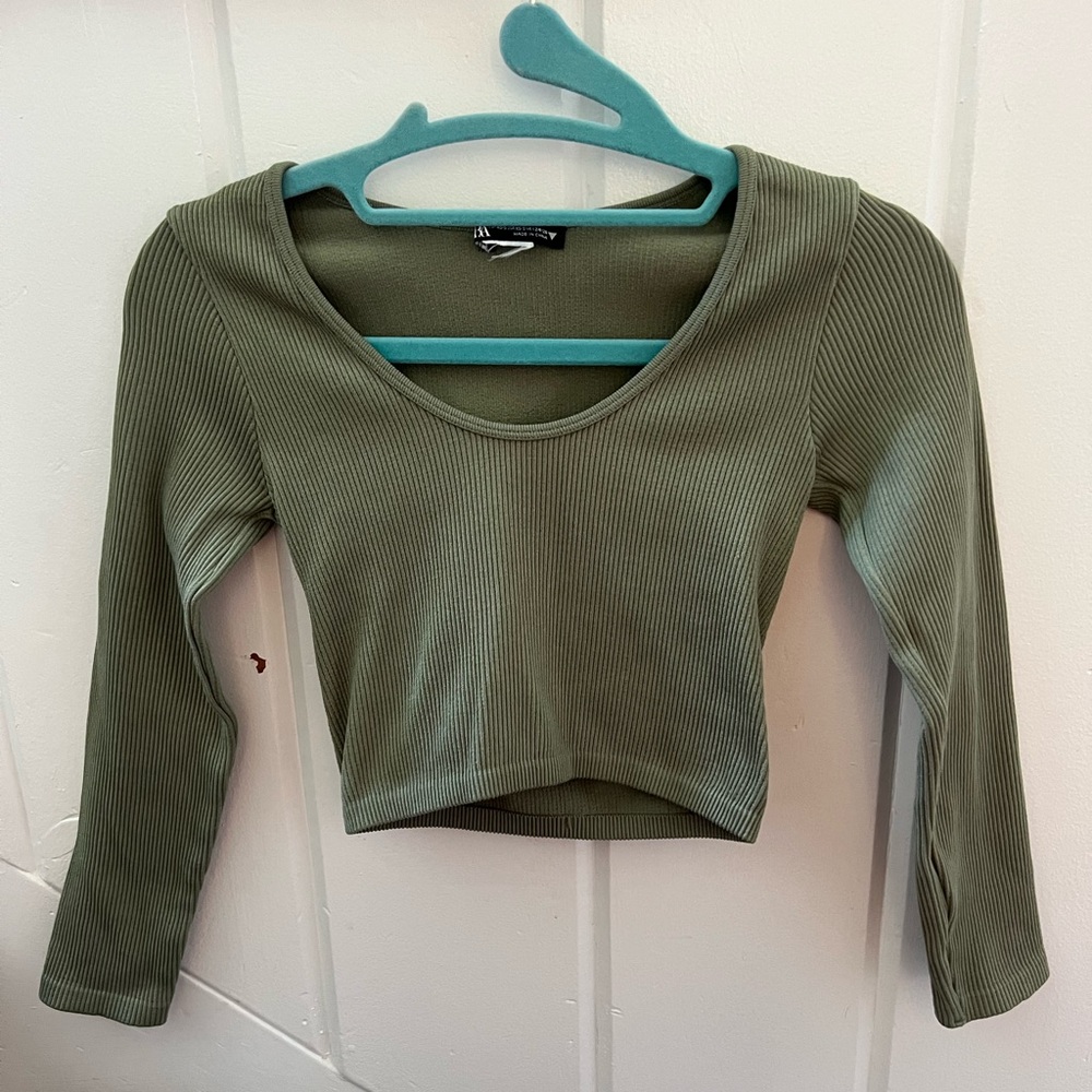 Zara Olive Green Long Sleeve Crop Top